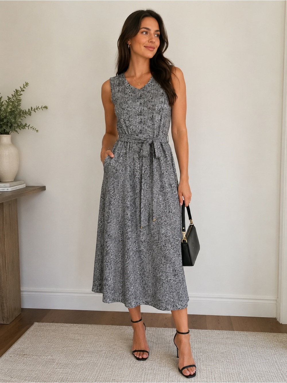 Calvin Klein Black & White Speckled Sleeveless Dress Size 10